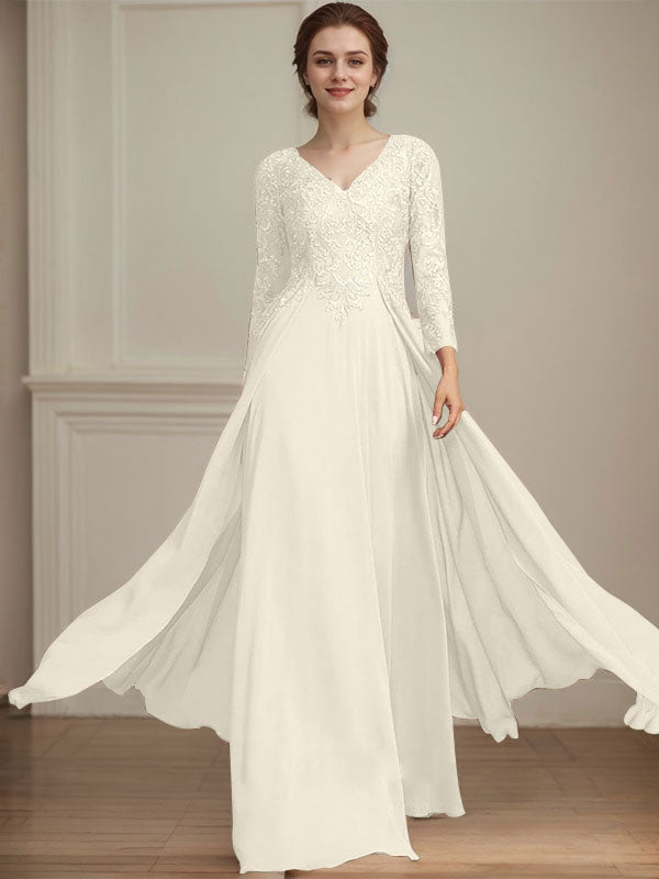 A-Linien V-Ausschnitt Bodenlanges Spitzen-Chiffon Kleid für die Brautmutter mit Pailletten