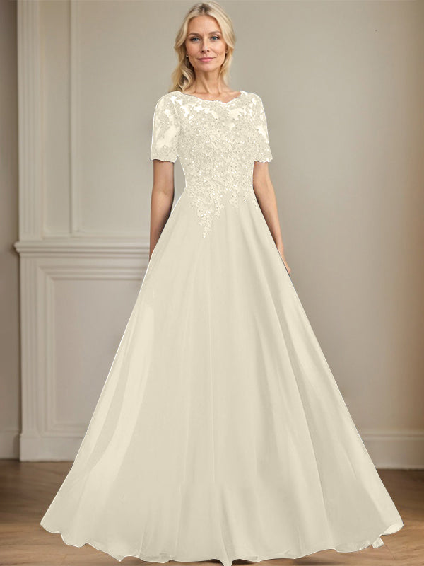 A-Linien Rundhals Illusions-Bodenlanges Chiffon-Spitzenkleid für die Mutter der Braut mit Pailletten und Perlen