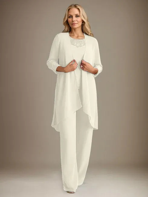 Chiffon Kleid mit Rundhalsausschnitt und langen Ärmeln, Mutter-der-Braut Hosenanzug mit Jacke