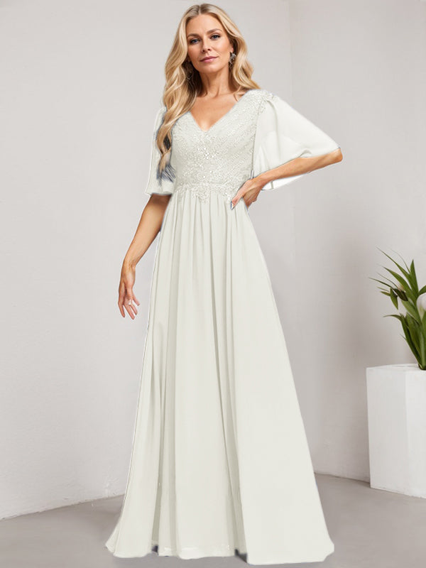 Robe mère de la mariée ligne A col en V longue en dentelle et chiffon avec sequins