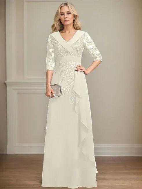 A-Linien Kleid mit Kragen, V-Ausschnitt, bodenlang, aus Spitze und Chiffon, Mutter der Braut Kleid mit Pailletten und fallenden Rüschen
