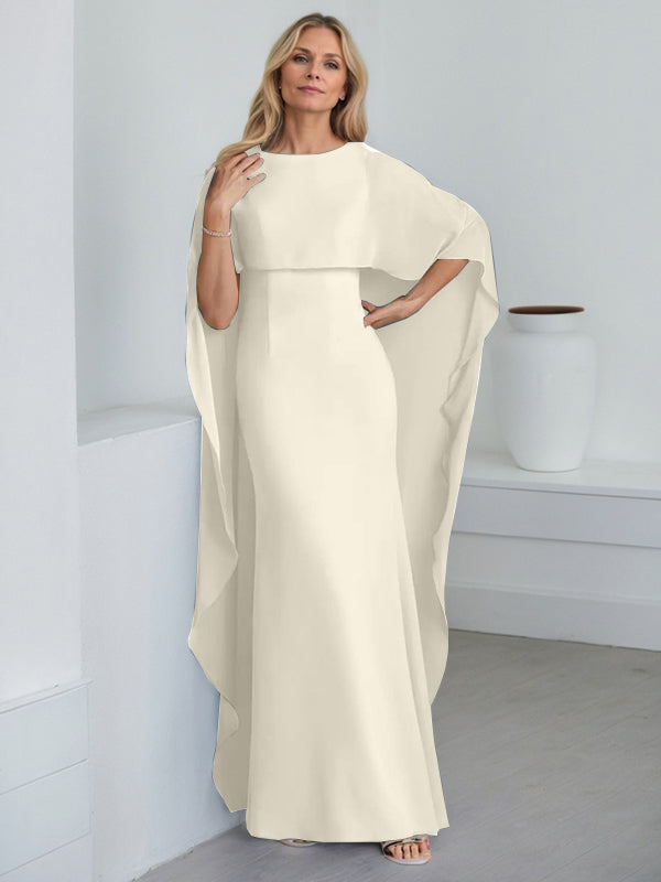 Etui-Kleid mit Rundhalsausschnitt, bodenlang, Chiffon, Mutter-der-Braut-Kleid mit kaskadierenden Rüschen