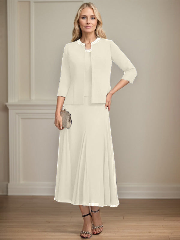 Separates A-Linien Chiffonkleid mit Rundhalsausschnitt, tea-length, Mutter der Braut mit Pailletten und Perlen