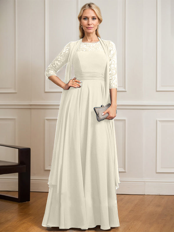A-Linien Kleid mit Rundhalsausschnitt, Illusion, bodenlang aus Spitze und Chiffon, Mutter-der-Braut-Kleid mit Faltenwurf