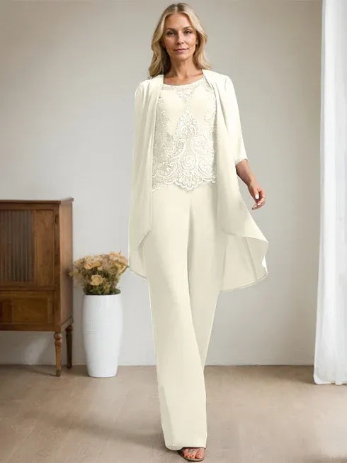 Zweiteiler Jumpsuit/Hosenanzug mit Rundhalsausschnitt, bodenlanges Chiffon-Spitzenkleid für die Mutter der Braut mit Perlen und Pailletten