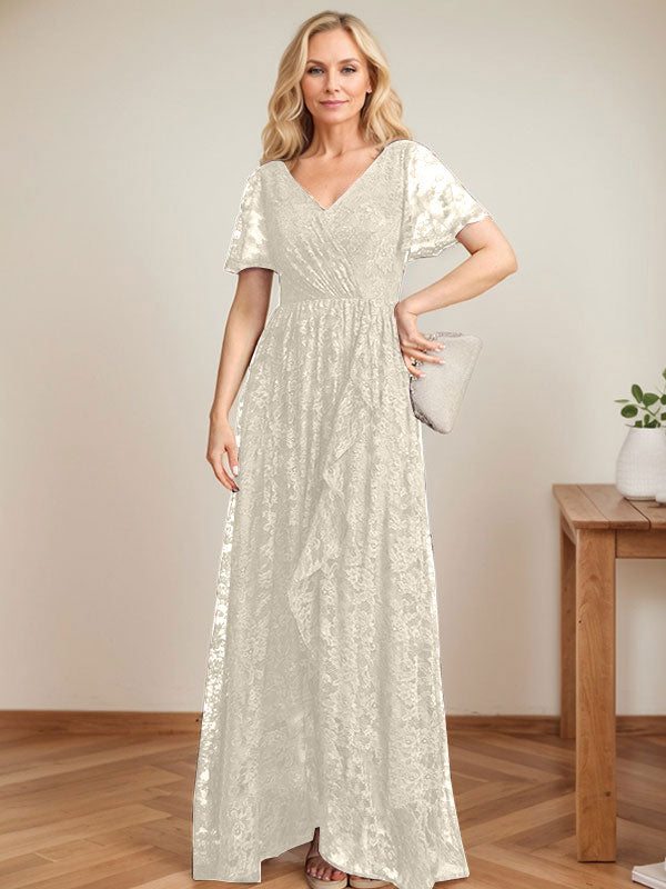 A-Linien Spitzen-Mutter-der-Braut-Kleid mit V-Ausschnitt, asymmetrisch und mit kaskadierenden Rüschen