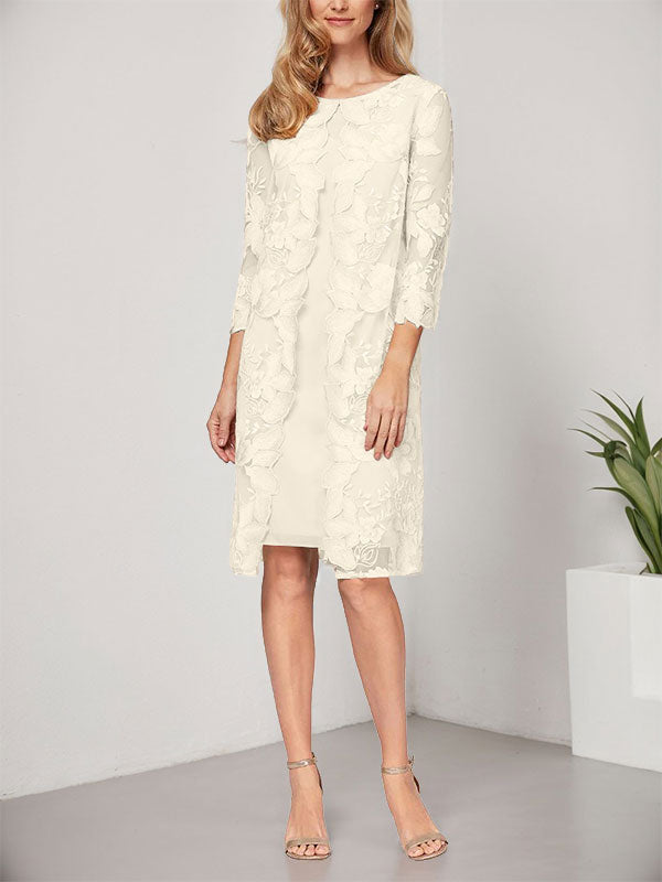 Robe mère de la mariée ligne A en mousseline et dentelle, longueur genou, col en U, avec veste