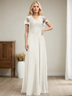 A-Linien V-Ausschnitt Bodenlanges Spitzen-Chiffon Kleid für die Brautmutter mit Pailletten