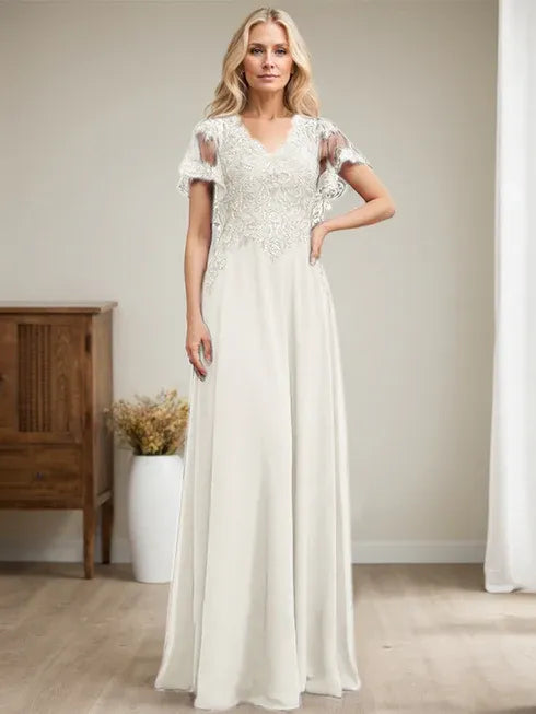 Robe mère de la mariée ligne A col en V longue en dentelle et chiffon avec sequins