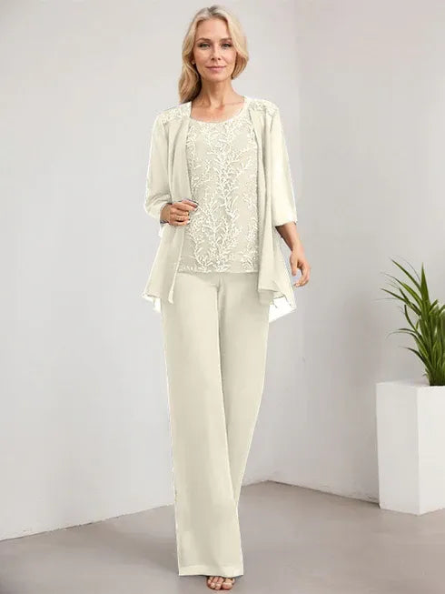 Zweiteiler Jumpsuit/Hosenanzug U-Ausschnitt bodenlanges Spitzen Chiffon Mutter der Braut Kleid mit Pailletten