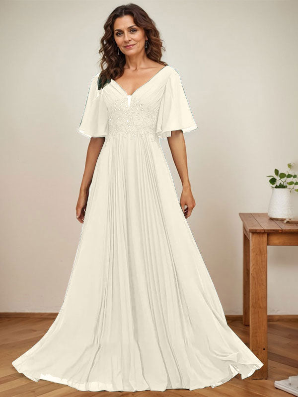 A-Linien V-Ausschnitt bodenlanges Chiffon Mutterkleid der Braut mit Pailletten-Applikationen, Spitze und Falten