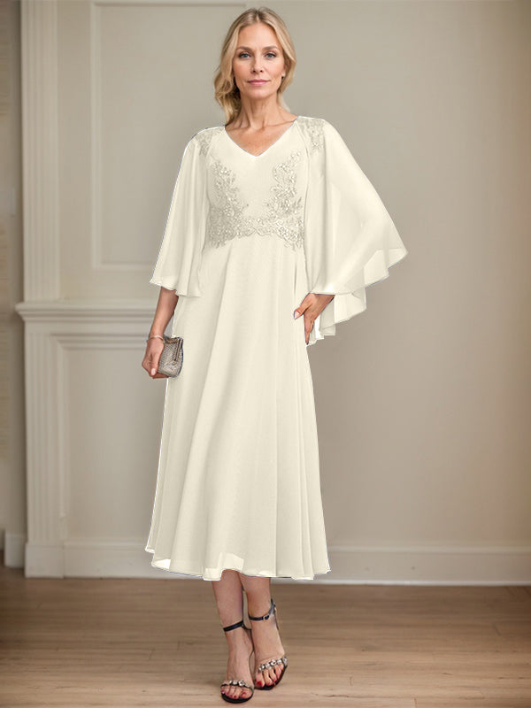 A-Linien-Brautmutterkleid aus Chiffon, V-Ausschnitt, tea-length mit Spitze, Pailletten und Perlen