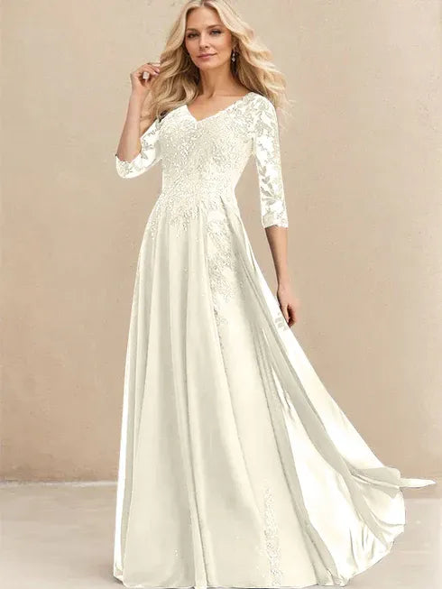 A-Linien V-Ausschnitt Bodenlanges Spitzen-Chiffon Kleid für die Brautmutter mit Pailletten