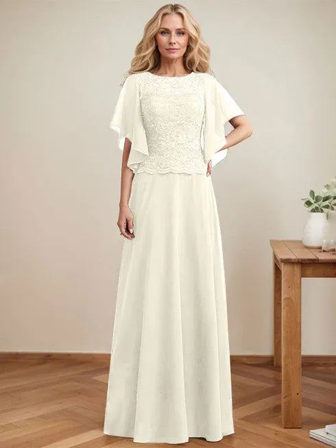 A-Linien Rundhals Illusions-Bodenlanges Spitzen-Chiffon Mutter-der-Braut-Kleid mit Pailletten