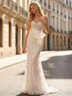 Ivory Lace Beaded Spaghetti Straps Corset Prom Dress with Satin Bow