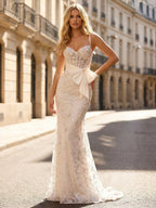 Ivory Lace Beaded Spaghetti Straps Corset Prom Dress with Satin Bow