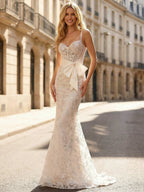 Ivory Lace Beaded Spaghetti Straps Corset Prom Dress with Satin Bow