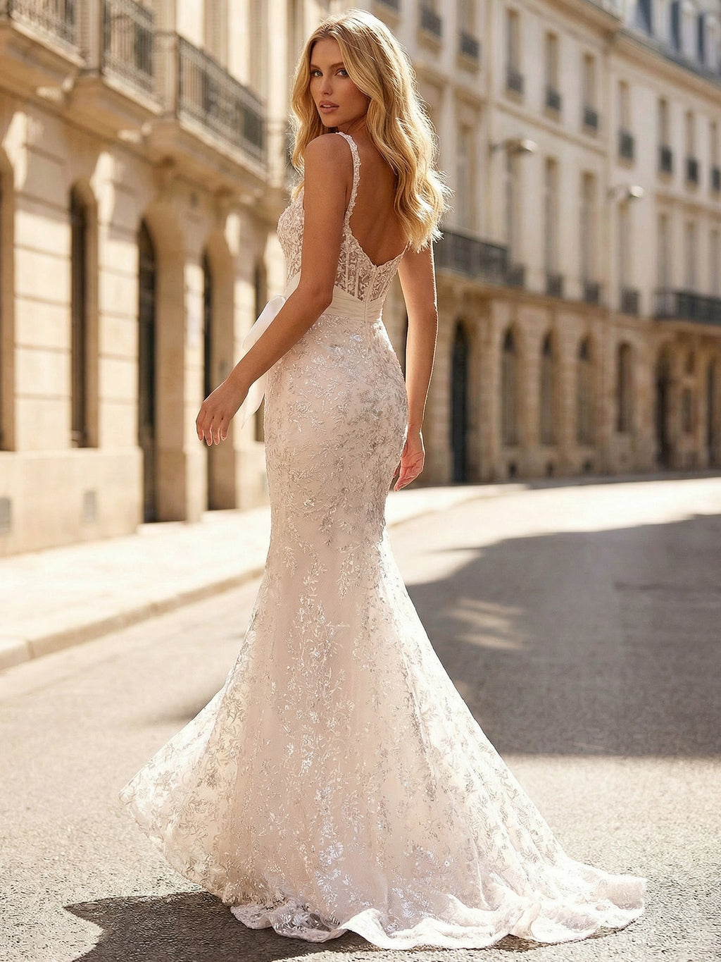 Ivory Lace Beaded Spaghetti Straps Corset Prom Dress with Satin Bow