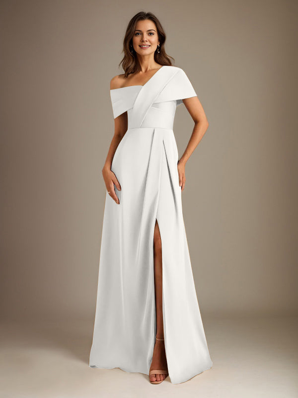 A-Linien asymmetrischer Ausschnitt bodenlanges Satin-Brautkleid für die Brautmutter mit Falten