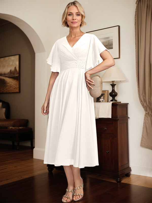 A-Linien Kleid mit V-Ausschnitt, tea-length Chiffon, Mutter der Braut mit plissierten Perlen
