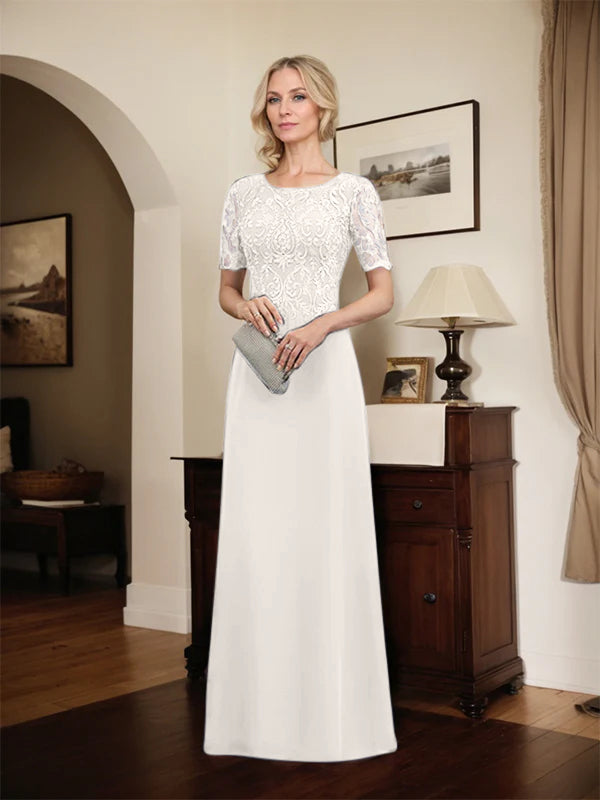 A-Linien Spitzen-Chiffon-Mutter-der-Braut-Kleid mit Rundhalsausschnitt, bodenlang und Pailletten