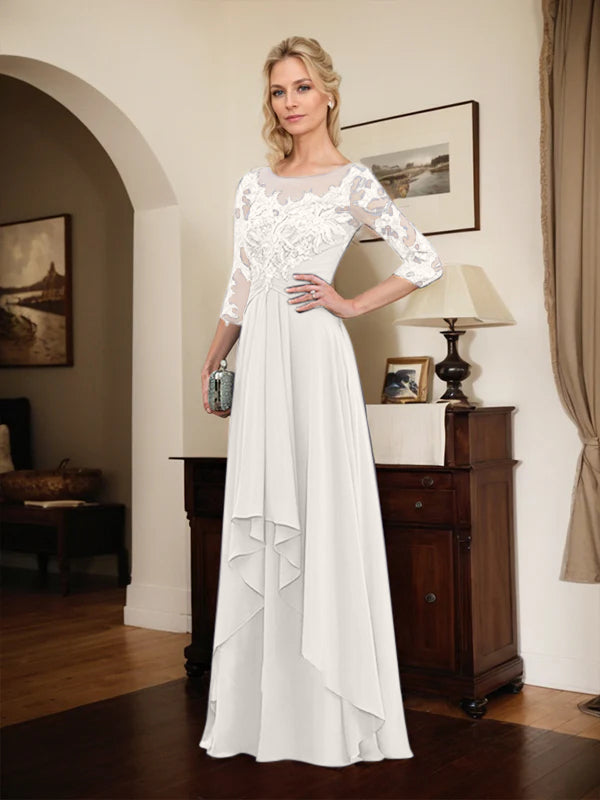Robe mère de la mariée en ligne A avec col rond illusion, dentelle et chiffon longueur sol avec volants en cascade
