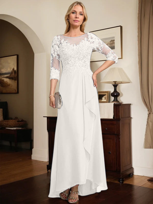 A-Linien Rundhals Illusions-Asymmetrische Spitze Chiffon Brautmutterkleid mit Pailletten und fallenden Rüschen