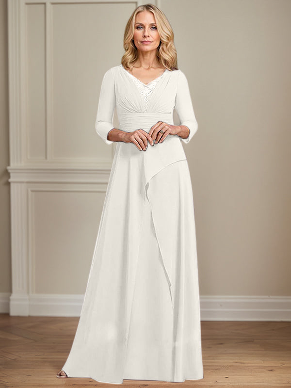 A-Linien Chiffon-Mutter-der-Braut-Kleid mit V-Ausschnitt, bodenlang, plissierte Perlenverzierung
