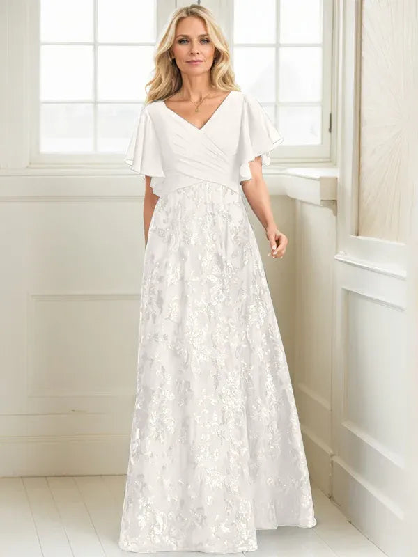 Vestido de madre de la novia en línea A con escote en V, largo hasta el suelo, encaje, lentejuelas y gasa plisada