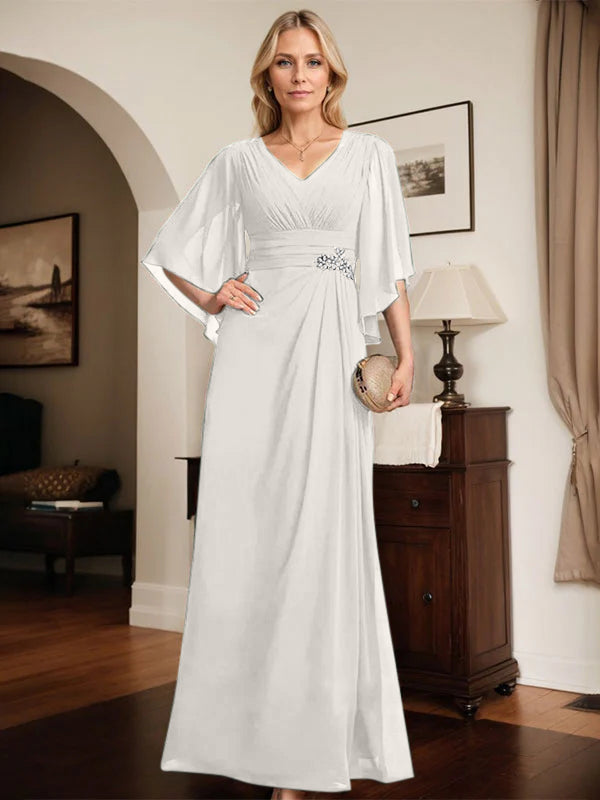Etuikleid/Säule V-Ausschnitt bodenlanges Chiffon Mutter-der-Braut-Kleid mit plissierten Pailletten und Perlen