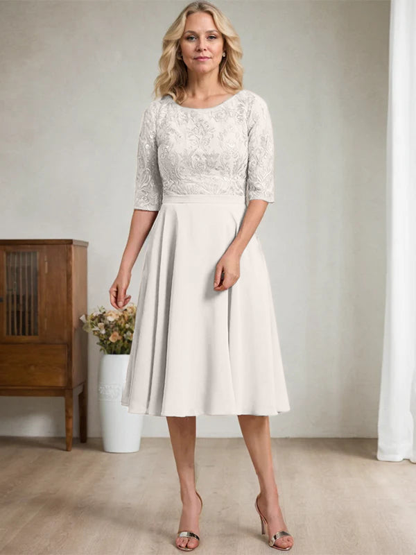 A-Linien Rundhalsausschnitt knielanges Spitzen-Chiffon Kleid für die Mutter der Braut