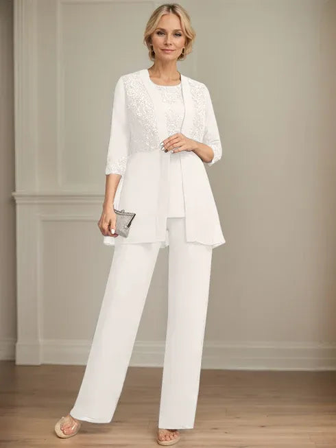 Combinaison/pantalon séparé en mousseline et dentelle, longueur au sol, col rond, robe mère de la mariée avec sequins