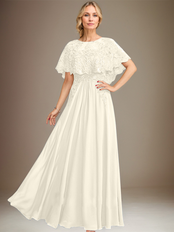 A-Linien Spitzen-Chiffon-Mutter-der-Braut-Kleid mit Bootsausschnitt, bodenlang und Applikations-Pailletten