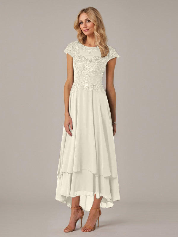 A-Linien Boot-Ausschnitt Illusions asymmetrisches Chiffon-Spitzen Mutterkleid der Braut mit Applikationsfalten