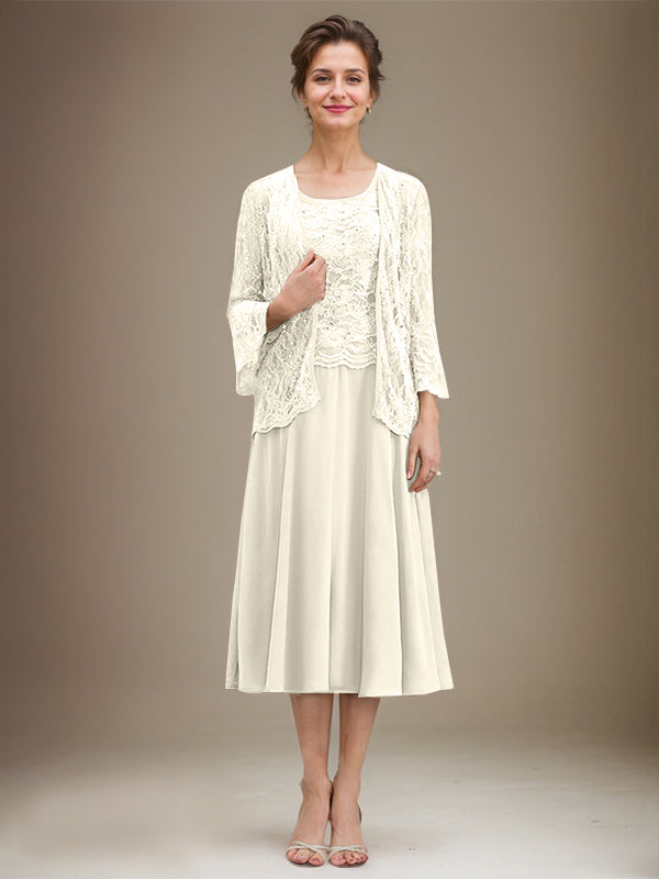 A-Linien Spitzen-Chiffon-Brautmutterkleid mit V-Ausschnitt, tea-length, mit Pailletten