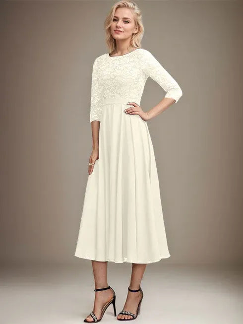 A-Linien Spitzen-Chiffon-Brautmutterkleid mit V-Ausschnitt, tea-length, mit Pailletten