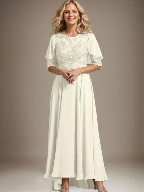 A-Linien Kleid mit Scoop-Ausschnitt, Illusion, asymmetrischem Chiffon und Spitzen, Mutter-der-Braut-Kleid mit Perlenbesatz
