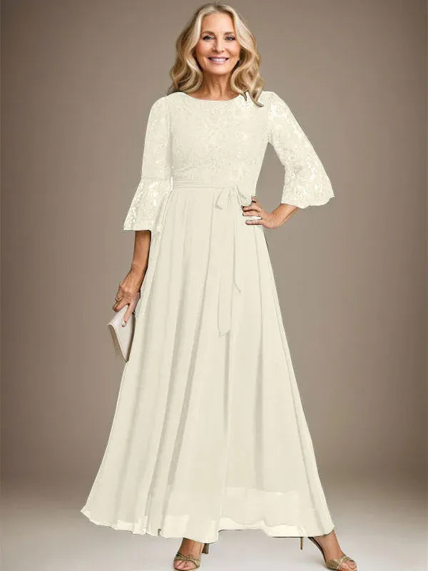 A-line Scoop Ankle-Length Lace Chiffon Mother of the Bride Dress With Bow