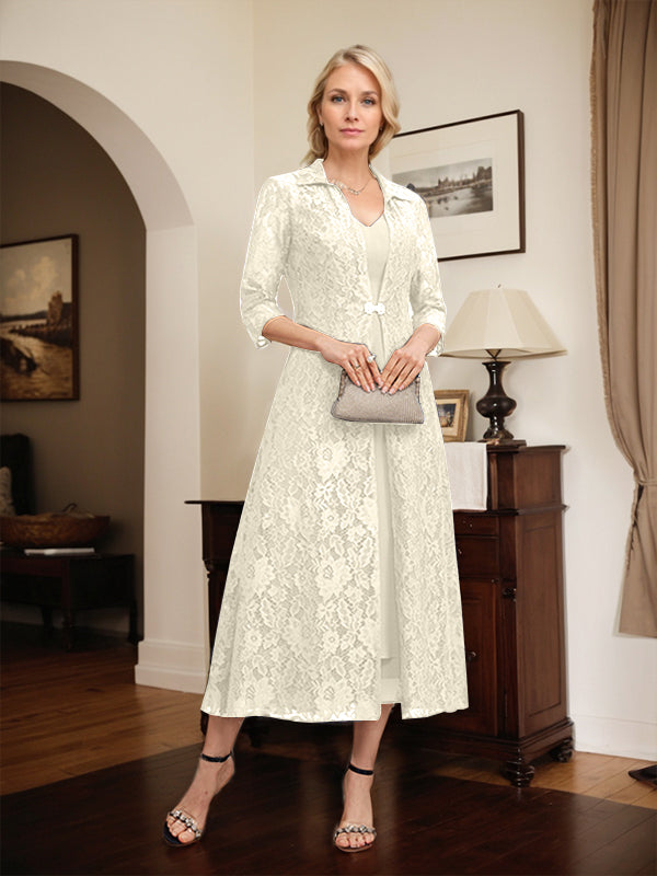 Robe mère de la mariée en mousseline longueur thé à encolure en V et coupe trapèze
