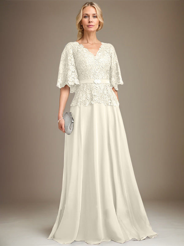 A-Linien V-Ausschnitt Bodenlanges Chiffon-Spitzen Mutter-der-Braut-Kleid mit Kristallbrosche und Strass