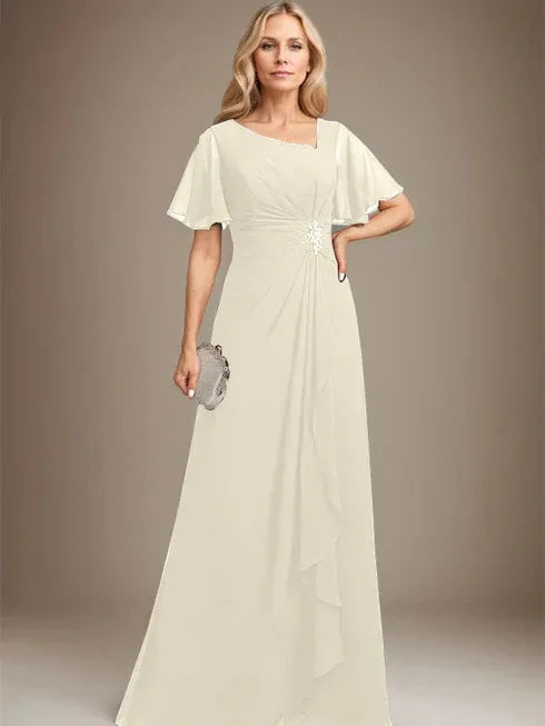 A-Linien asymmetrisches bodenlanges Chiffon Mutter-der-Braut-Kleid mit plissierten Perlen und Pailletten