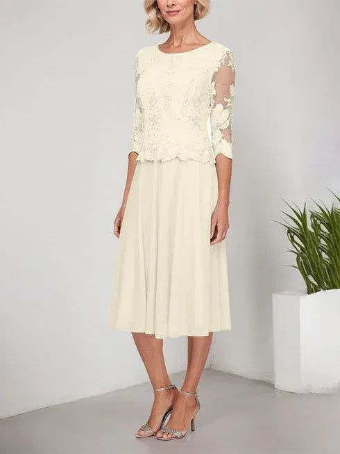 A-Linie Rundhals Tee-Länge Spitze Chiffon Mutter-der-Braut-Kleid mit Stickerei