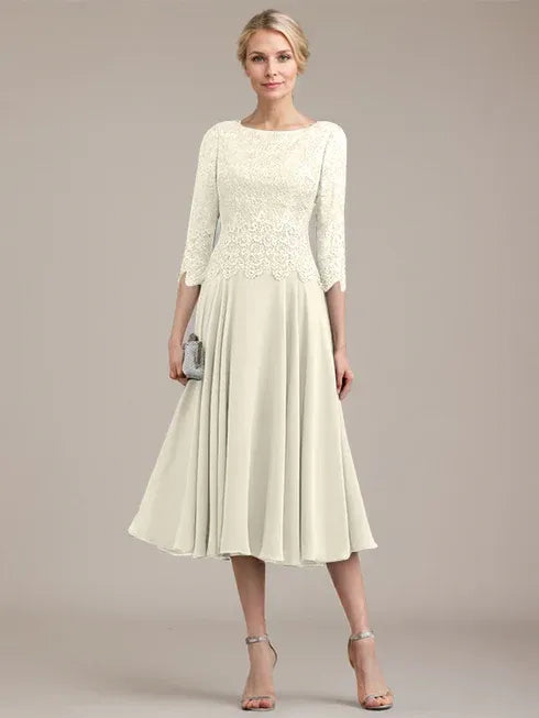 A-Linien Kleid mit Rundhalsausschnitt, tea-länge, Spitze und Chiffon, Mutter der Braut Kleid