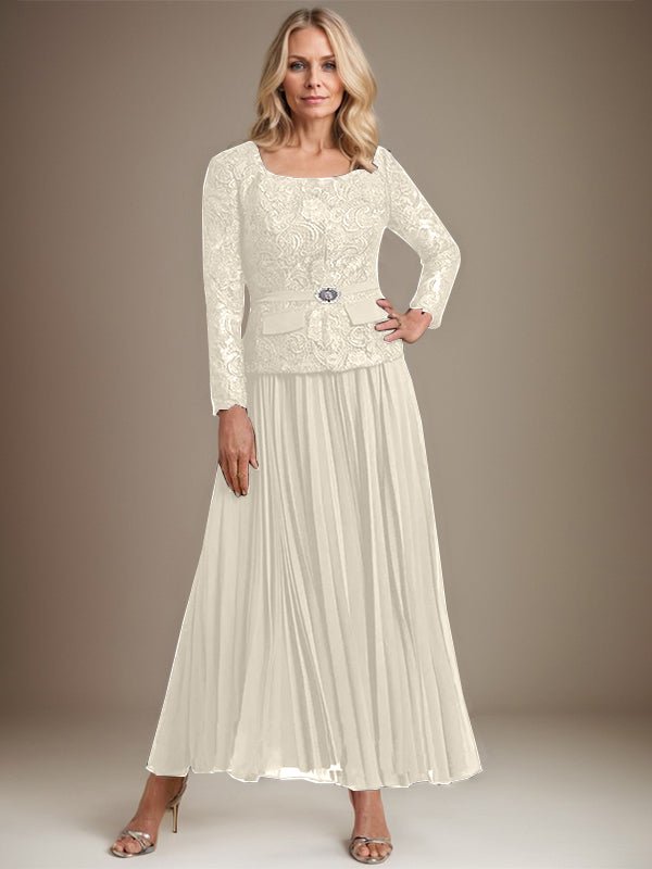 A-Linien-Kleid mit quadratischem Ausschnitt, knöchellang, Chiffon, Mutter der Braut, mit Falten