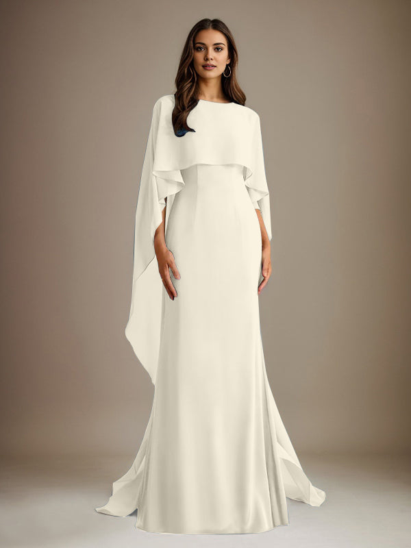 Etuikleid/Säulenkleid Bootsausschnitt bodenlanges Chiffon Mutter-des-Braut-Kleid mit kaskadierenden Rüschen