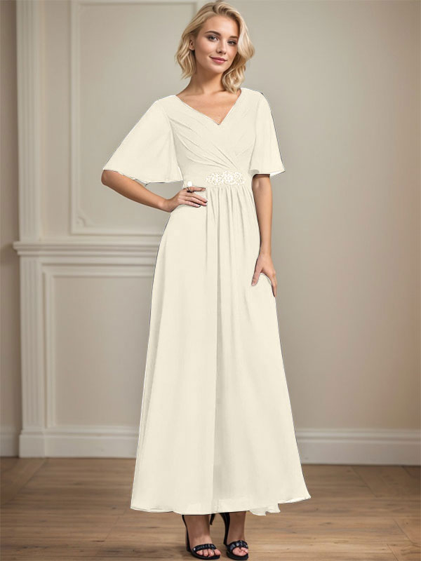 A-Linien V-Ausschnitt Knöchellanges Chiffon Kleid für die Brautmutter mit plissierten Perlen und Pailletten