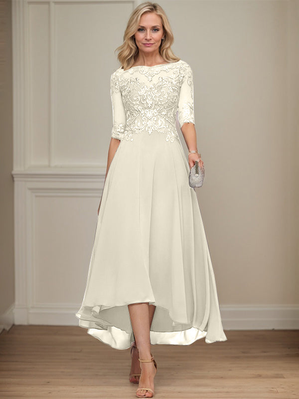 A-Linien Bootsausschnitt Illusionskleid mit asymmetrischem Chiffon-Spitzenstoff, Mutter-der-Braut-Kleid mit Paillettenperlen