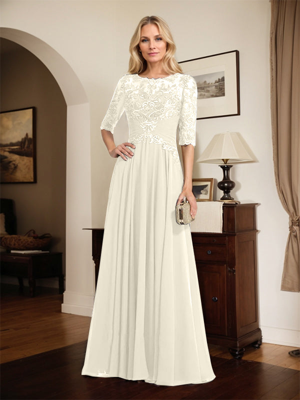 A-Linien Ausschnitt Illusions-Bodenlanges Chiffon-Spitzenkleid für die Mutter der Braut mit plissierten Pailletten