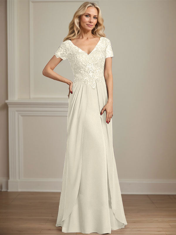 A-Linien Chiffon-Spitzen-Mutter-der-Braut-Kleid mit V-Ausschnitt, bodenlang