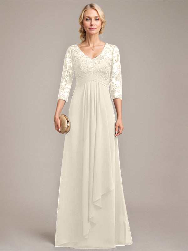 A-Linien V-Ausschnitt bodenlanges Spitzen-Chiffonkleid für die Mutter der Braut mit kaskadierenden Rüschen und Pailletten